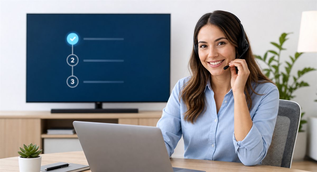 Friendly TV setup support agent wearing a headset